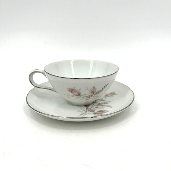 FINE CHINA JAPAN Vintage Laura Teacup Saucer Plate White Floral Platinum Trim - Picture 1 of 10